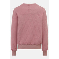 A dusty rose quilted jacket with a diamond pattern, featuring a crew neck, ribbed hem, and ribbed cuffs, shown from the back on a light gray background.