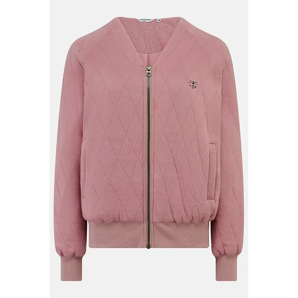 A dusty pink quilted bomber jacket with a diamond-stitched pattern, featuring a full front zipper, ribbed collar, cuffs, and hem, and a small embroidered logo on the left chest.