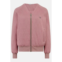 A dusty pink quilted bomber jacket with a diamond-stitched pattern, featuring a full front zipper, ribbed collar, cuffs, and hem, and a small embroidered logo on the left chest.