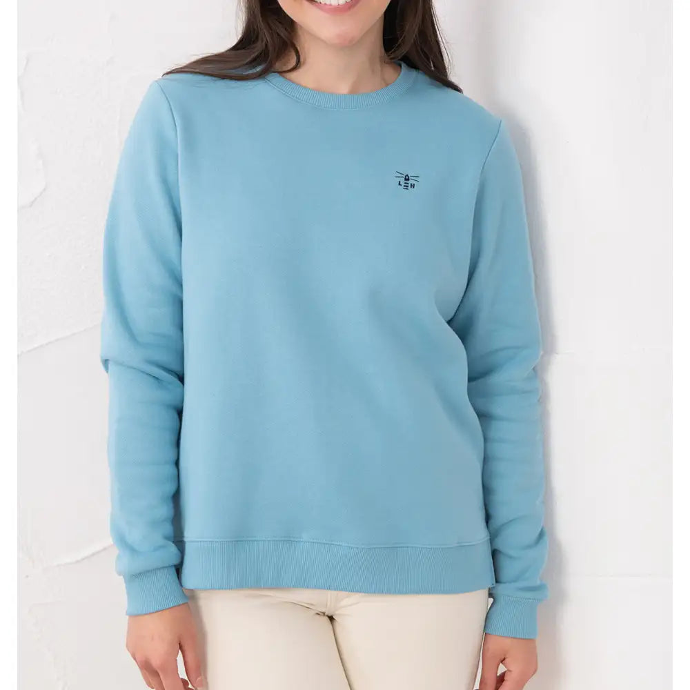 Person wearing a light blue sweatshirt with a small logo on a white background