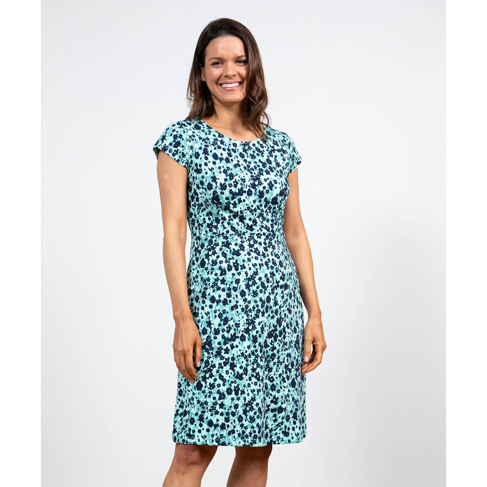 Sea green knee length dress with rounded neckline and short sleeves. Print with paler sea green and navy clusters on creating a confetti print. Fitted at waist with a straight skrit