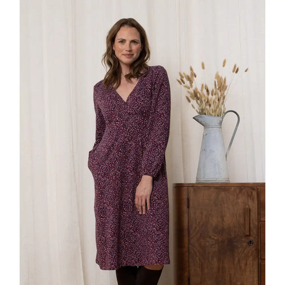 V Neck Mulberry Knee Length Dress