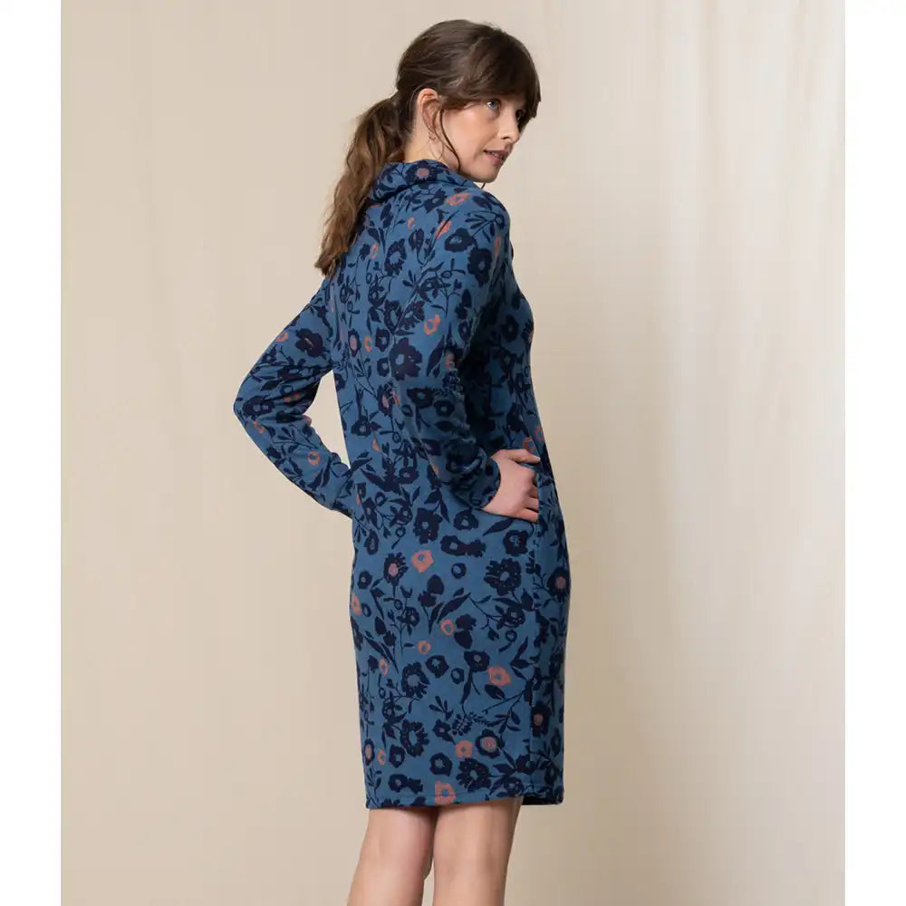 Cowl Neck Floral Dress - Blue