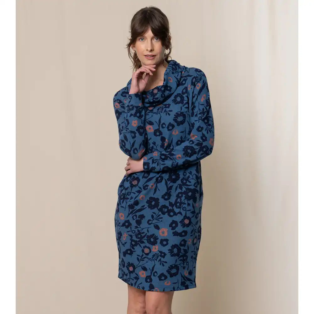 Cowl Neck Floral Dress - Blue