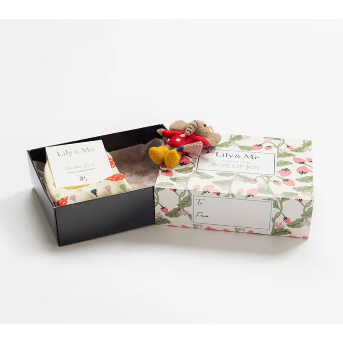 Gift box with floral design containing a toy and a card, branded 'Lily & Me'.