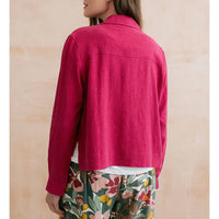 Person wearing a bright pink jacket with a neutral background