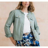 Pale green jacket open at the front with buttons and turned up long sleeves. Ruffle pie collar and pockets on the breast.