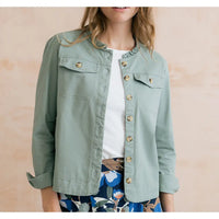 Pale green jacket open at the front with buttons and turned up long sleeves. Ruffle pie collar and pockets on the breast.