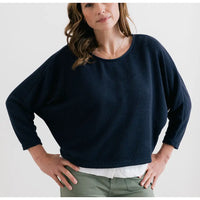 Front of round neck bat wing jumper in navy. 3/4 sleeves. 