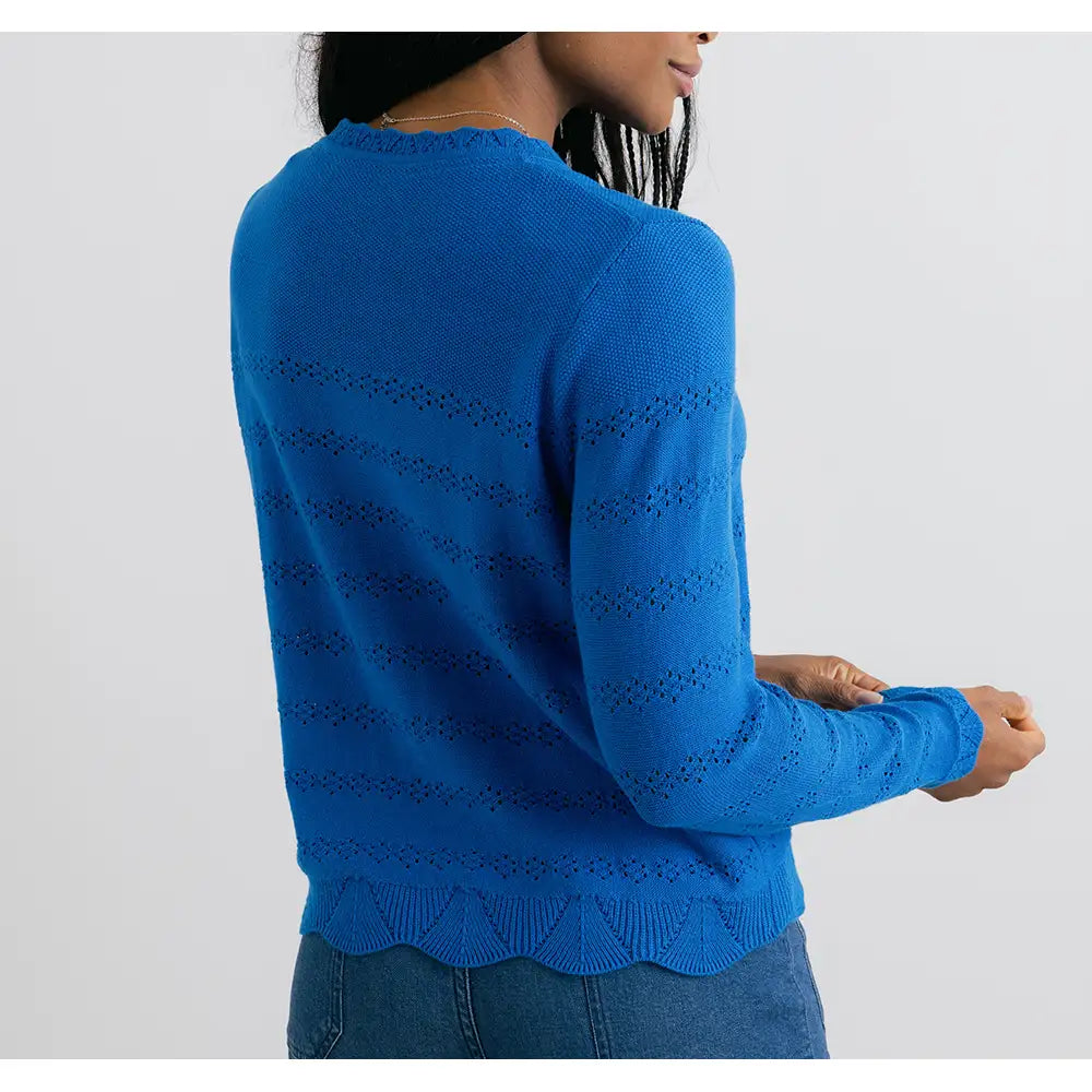 Blue sweater with intricate pattern on a plain background