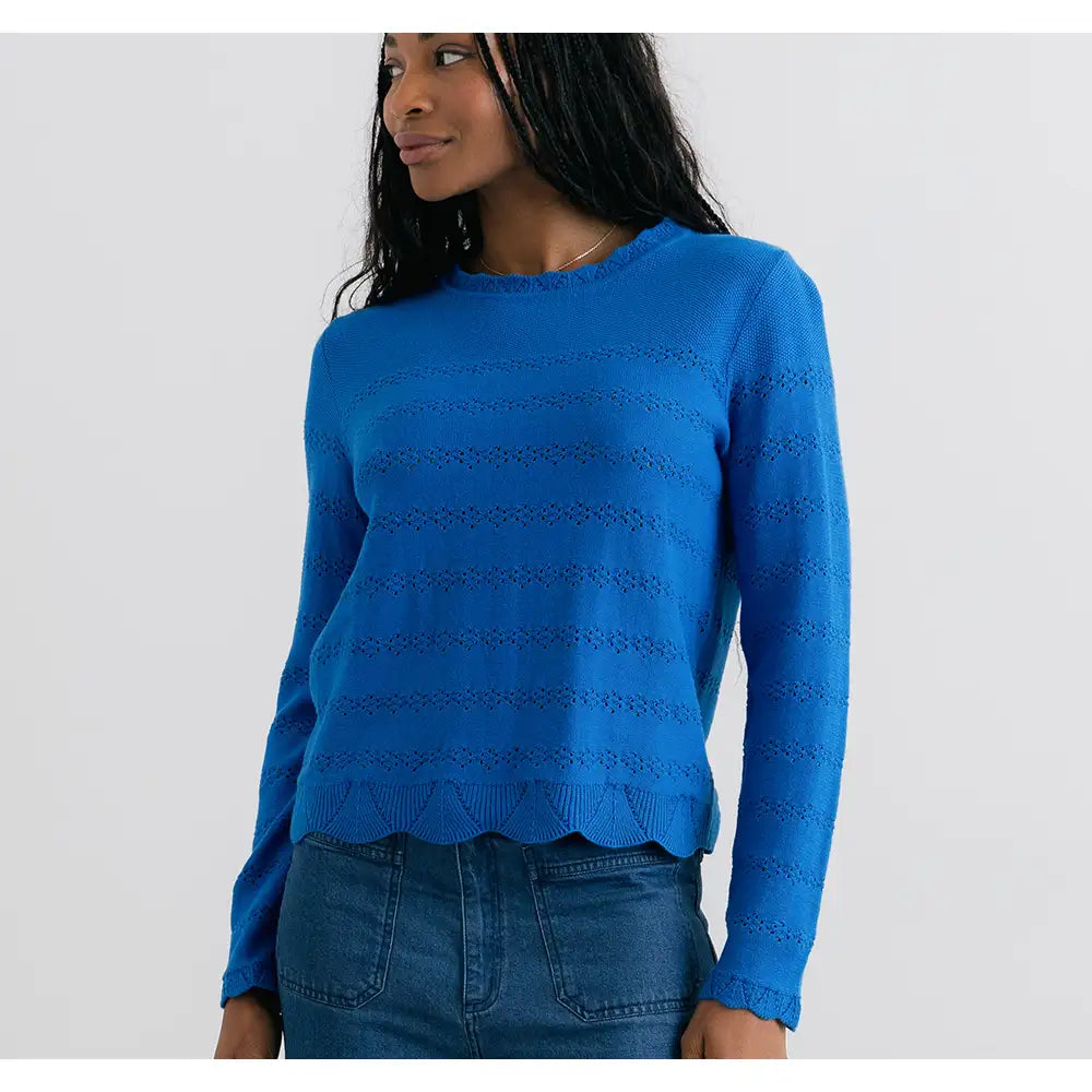 Front of a cobalt blue jumper with scalloped round neck and cuffs on long sleeves. Horizontal pointelle detailing across the body and arms.