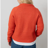 Person wearing an orange sweater on a plain background