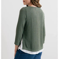 Person wearing a green long-sleeve shirt over a white top with blue pants on a light gray background