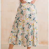 Floral patterned skirt worn by a person on a beige background