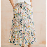 Floral patterned skirt worn by a person on a beige background