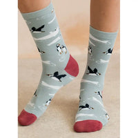 A person wearing light blue socks with a puffin and cloud pattern, featuring dark red heels and toes, shown against a neutral beige background.
