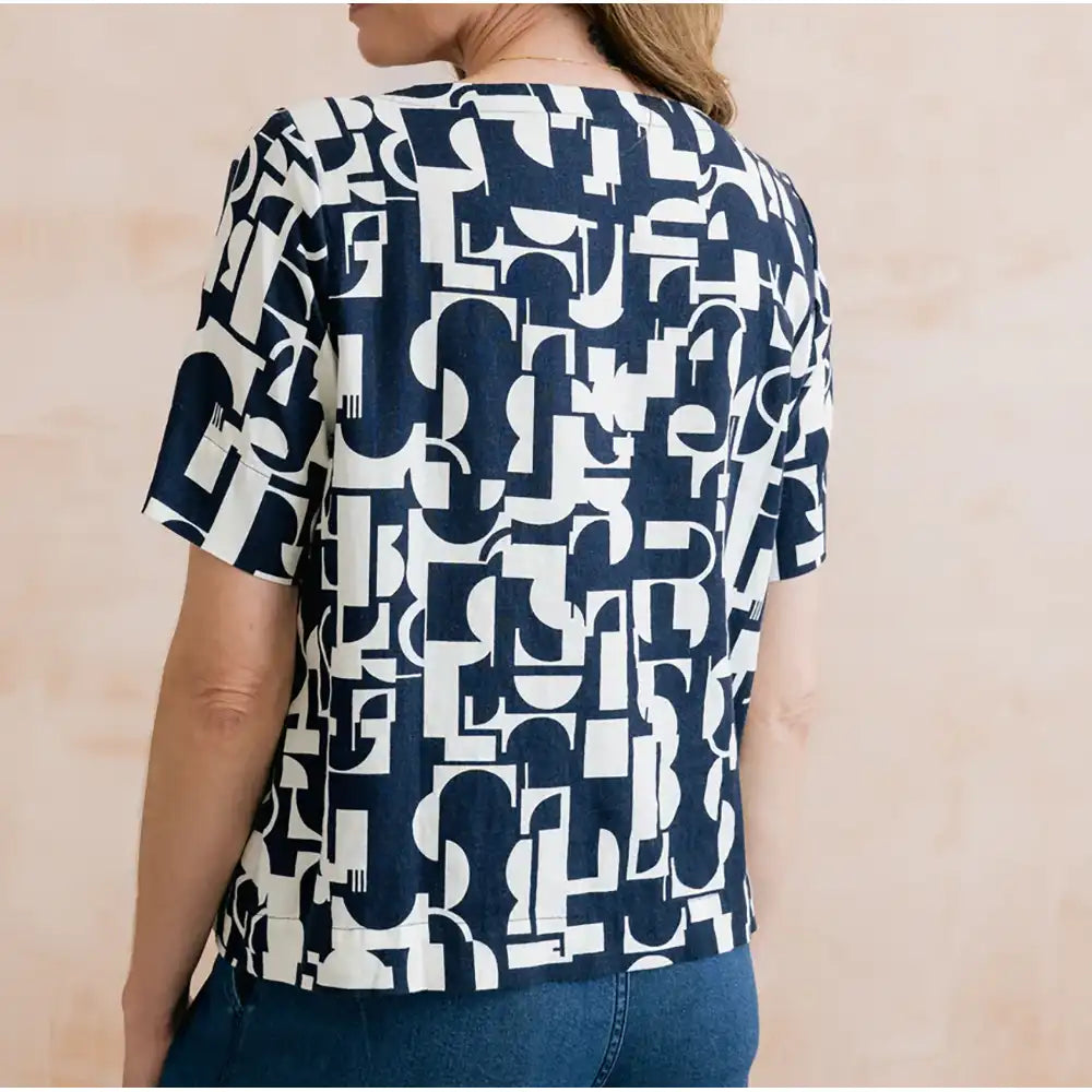 Bella Linen Blend Shell Top - Geo Navy