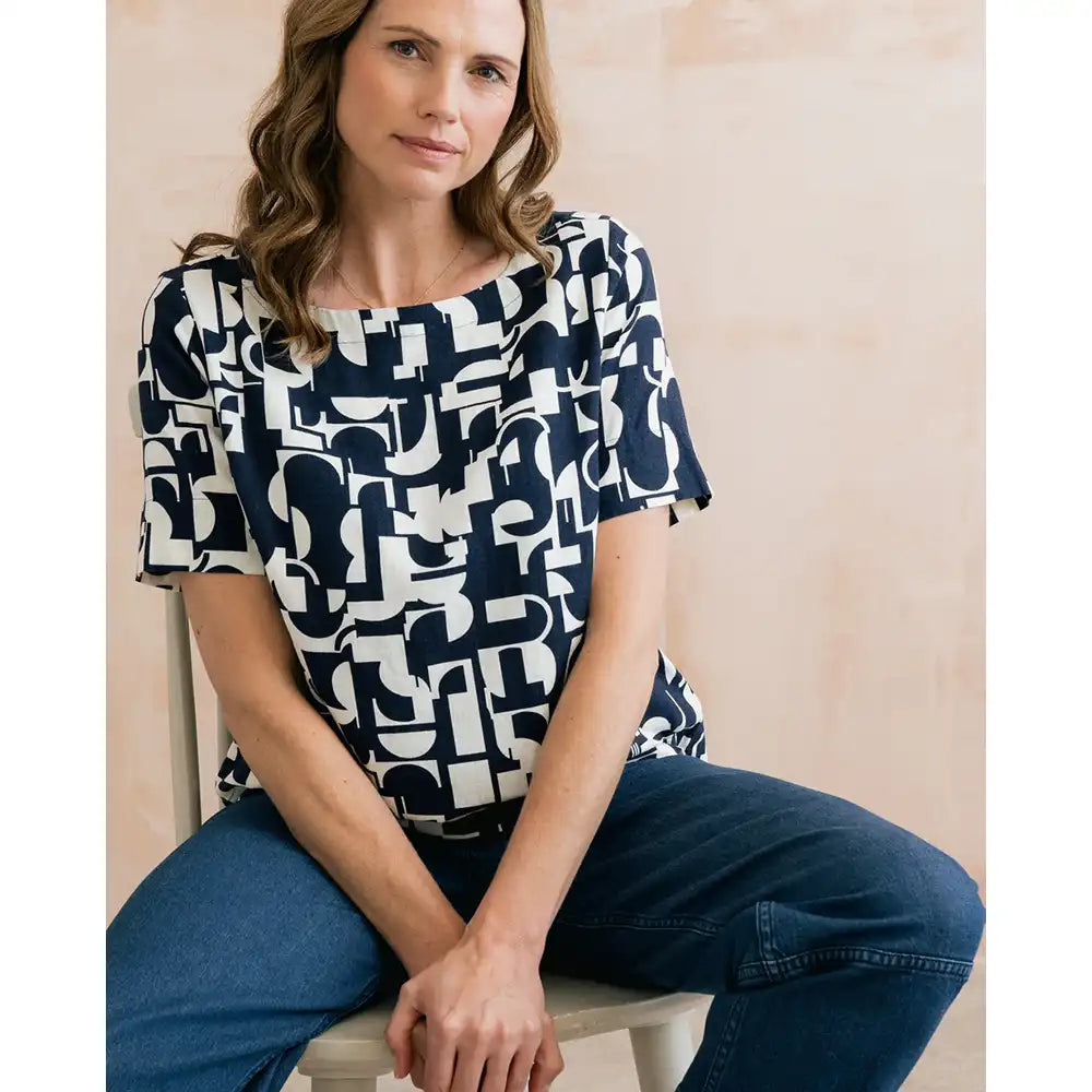 Bella Linen Blend Shell Top - Geo Navy