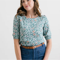 Woman wearing a floral patterned blouse with a plain background