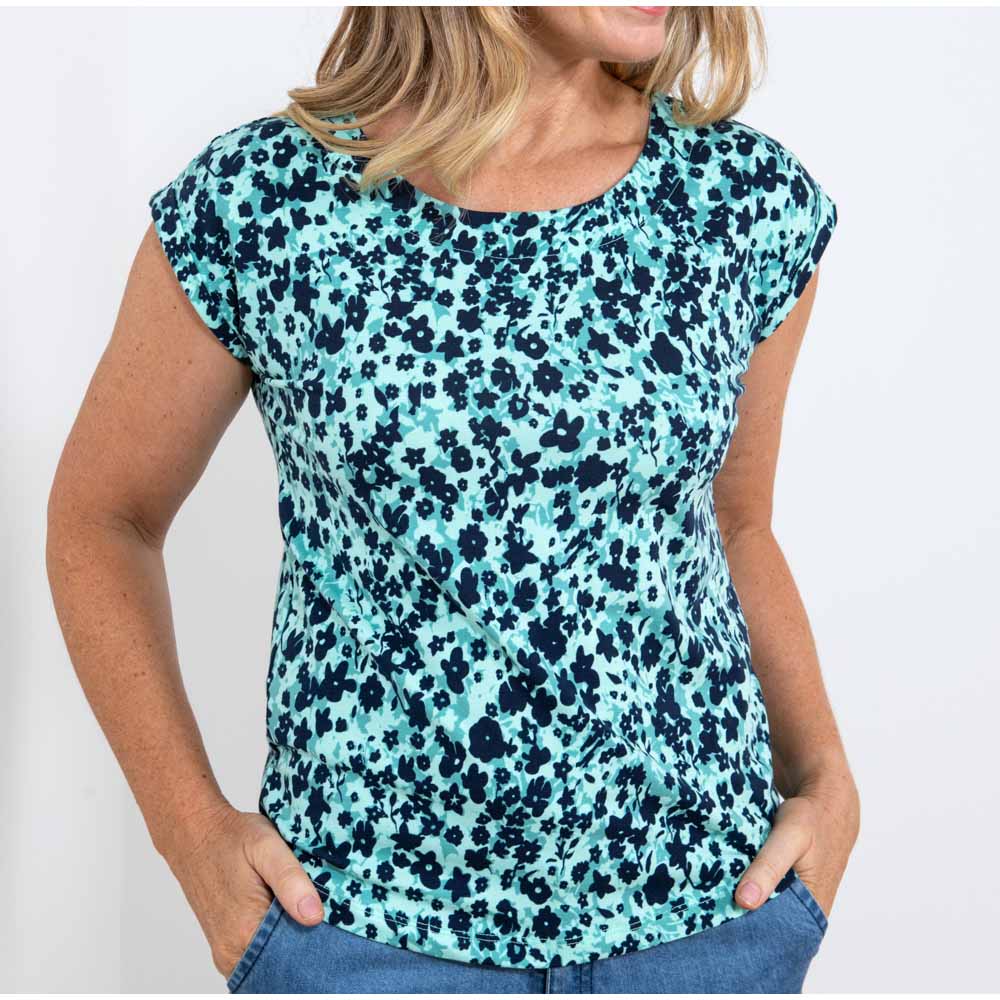 Sea Green top with round neckline and short sleeves with confetti clusters printed on in a paler sea green and navy blue 