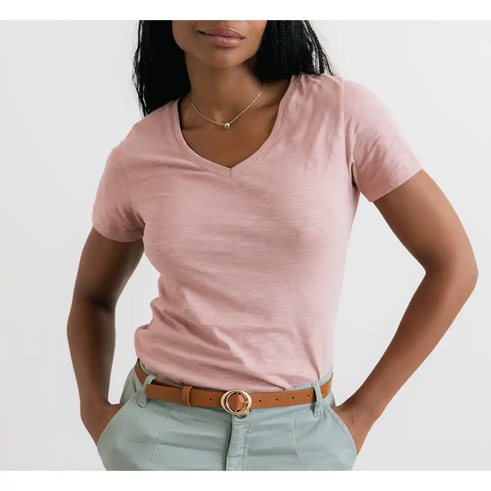 V neckline, short sleeved top in pale pink