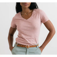 V neckline, short sleeved top in pale pink
