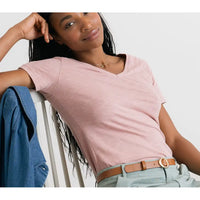 V neckline, short sleeved top in pale pink