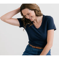 Navy blue top with short sleeves and V neck line