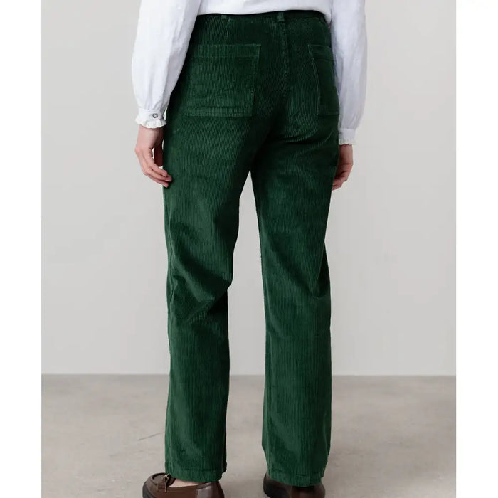 Back of straight of leg cord trousers in green with pockets.