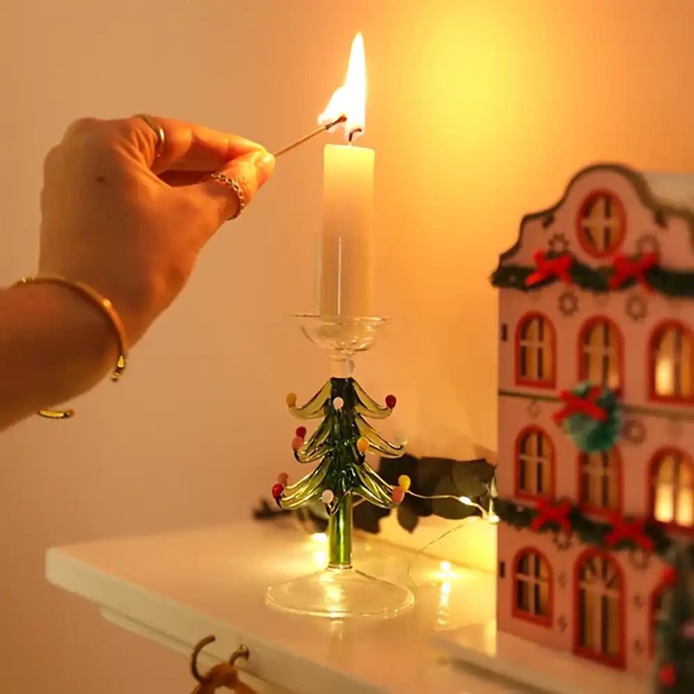 Glass Christmas Tree Candlestick Holder
