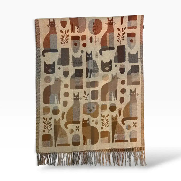 A woven scarf with a beige and brown abstract pattern featuring stylized cat silhouettes, fringed ends