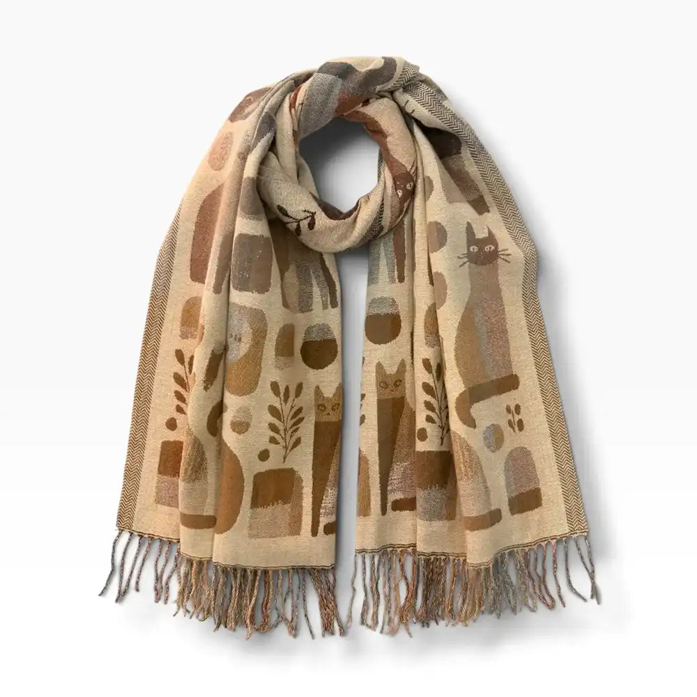 A woven scarf with a beige and brown abstract pattern featuring stylized cat silhouettes, fringed ends, and a soft drop shadow on a white background.
