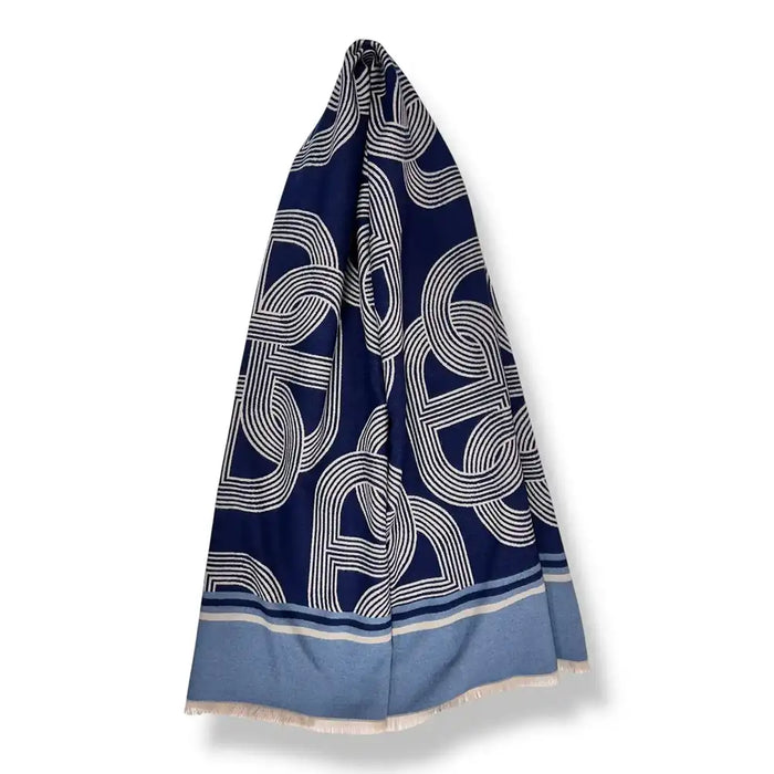 A navy blue scarf with a white geometric interlocking pattern and a light blue border, displayed against a plain white background.