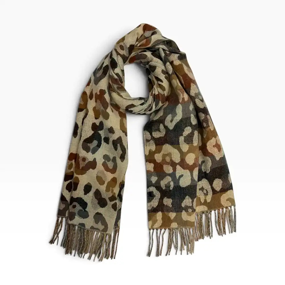 Ecru coloured scarf with tassels. Brown and grey leopard print all over it. On a white background