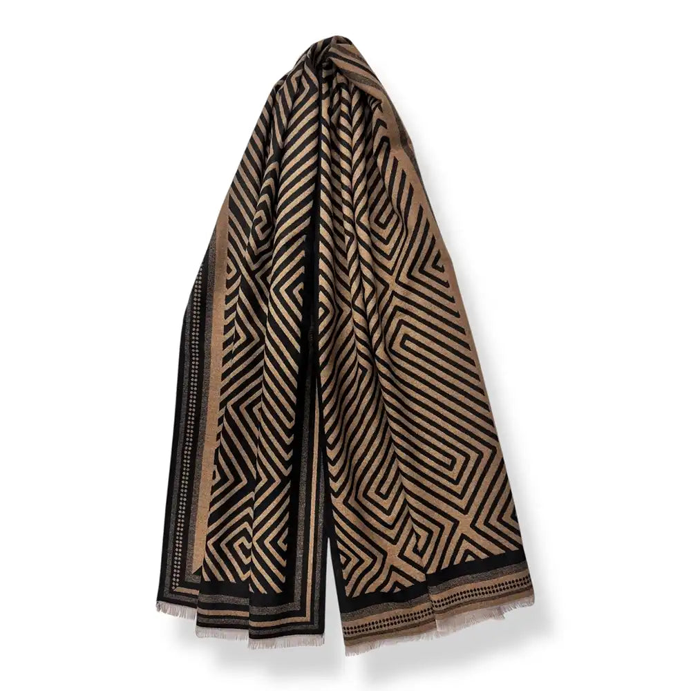 Black and Brown scarf with a geometric maze print. A light gray background
