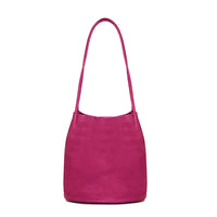 Fuchsia coloured bucket bag with long thin fuchsia coloured straps.
