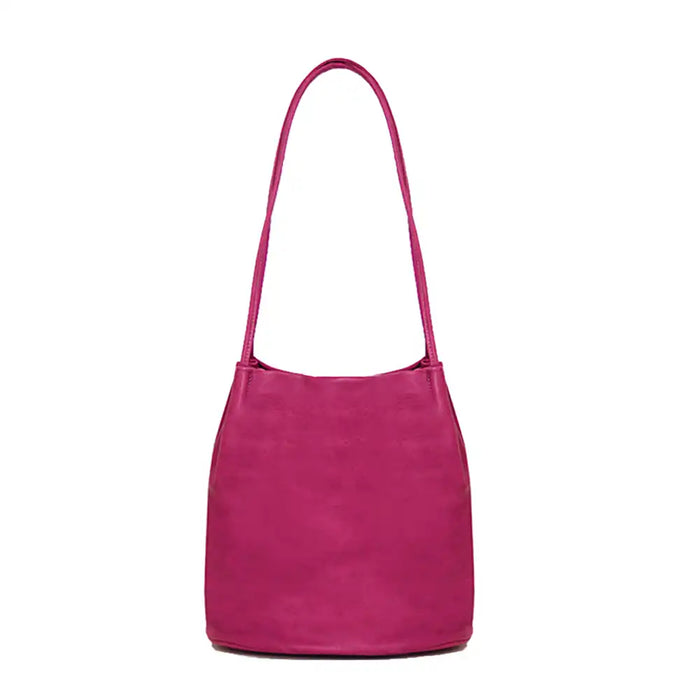Fuchsia coloured bucket bag with long thin fuchsia coloured straps.