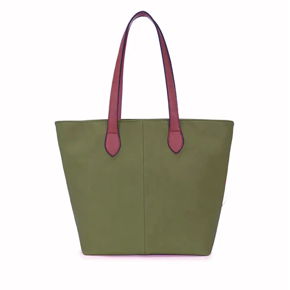 Khaki coloured tote bag with tan brown shoulder straps 