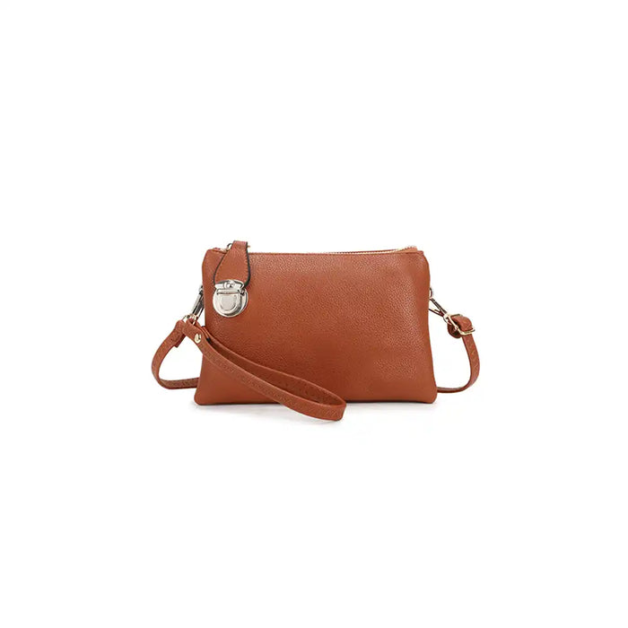 Brown faux leather small  crossbody bag on a white background