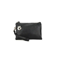 Compact black clutch bag with wrist strap in faux leather on a white background.