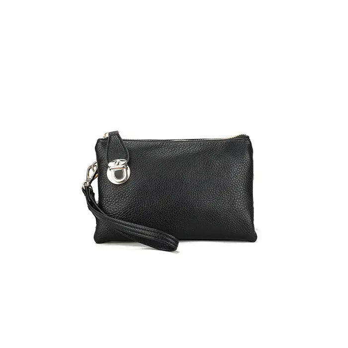 Compact black clutch bag with wrist strap in faux leather on a white background.