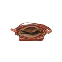 The inside of a cross-body bag in brown faux leather on a white background