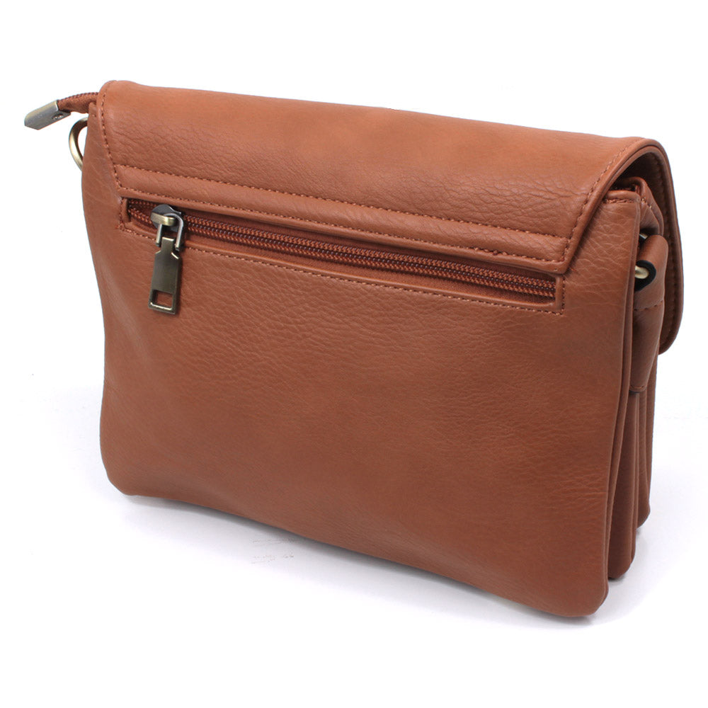 Long and Son back of brown flap over bag, zip pocket.