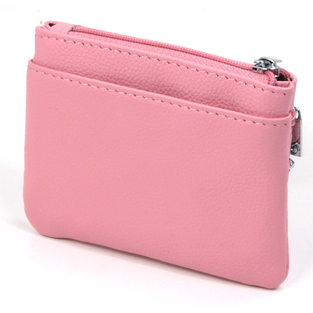 Small pink leather triple zip purse. Zips are pink with silver pullers. Back view showing non zipped slot. 