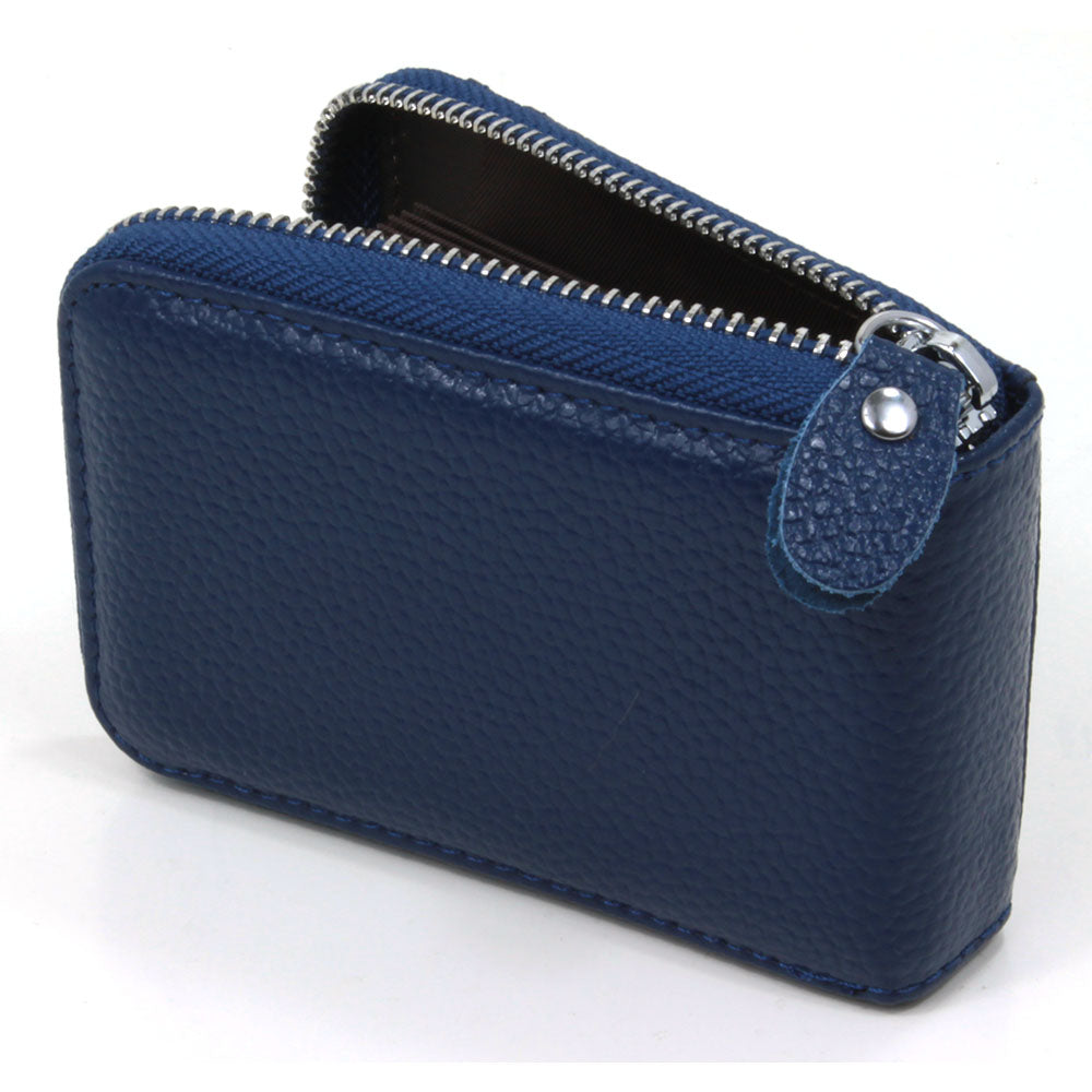 Navy blue leather credit card wallet with silver zip. Back view.