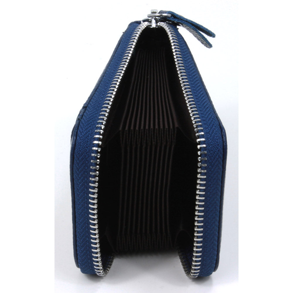 Navy blue leather credit card wallet with silver zip. View showing the slots available for storing cards.