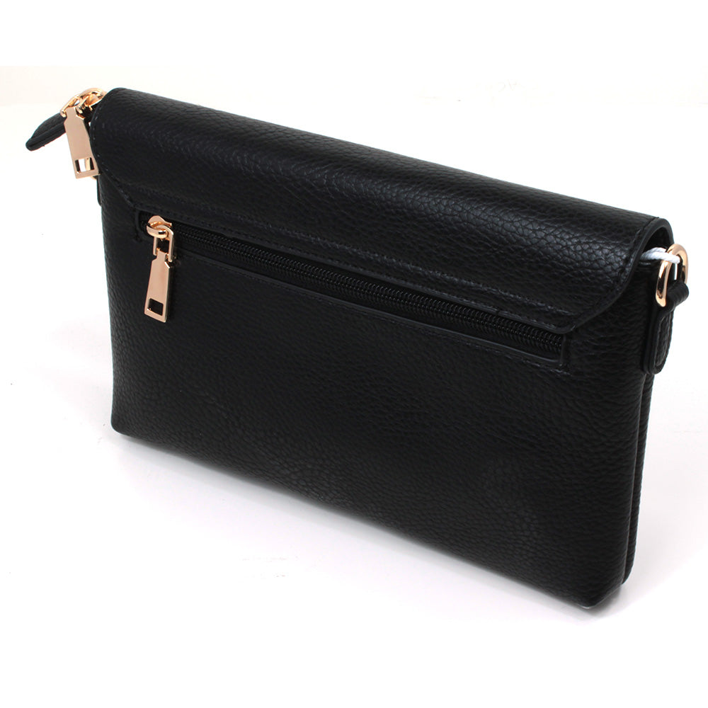 Long and Son black twist clasp envelope bag from the back showing zipped pocket