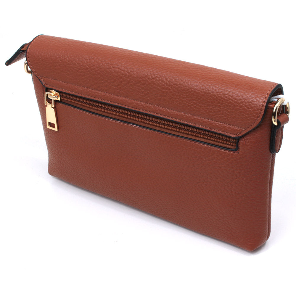Long and Son brown twist clasp envelope bag from the back showing zipped pocket