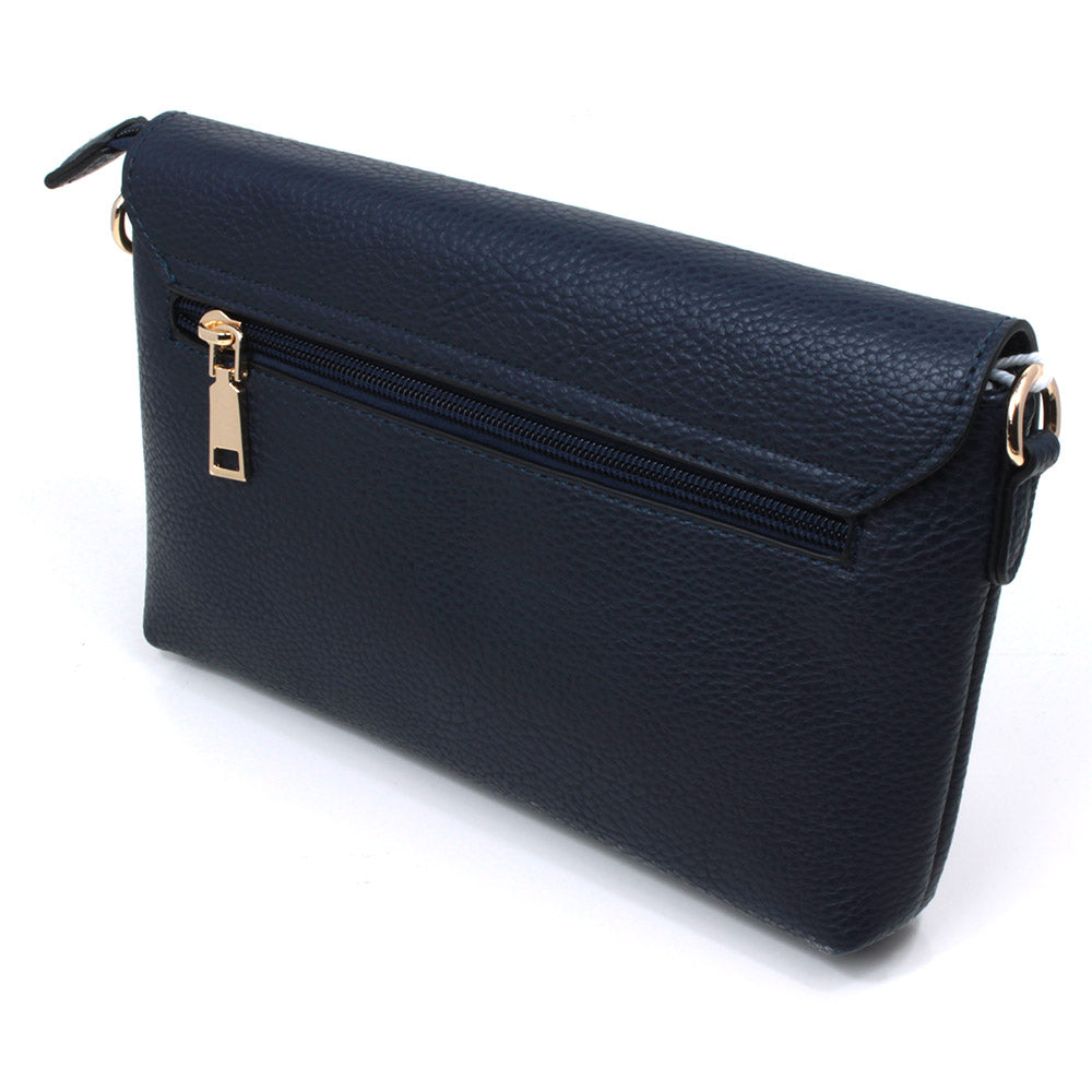 Long and Son navy blue twist clasp envelope bag from the back showing zipped pocket