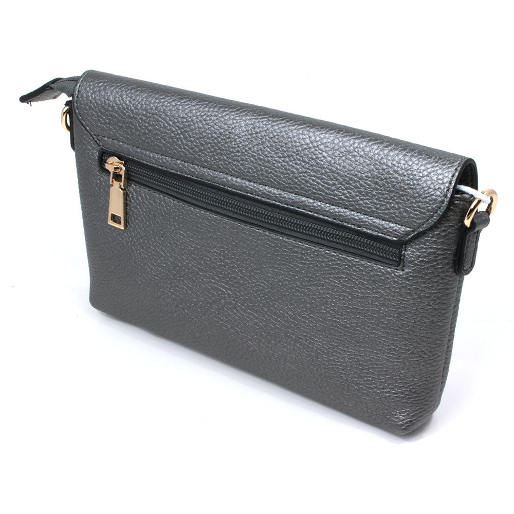 Long and Son pewter twist clasp envelope bag from the back showing zipped pocket